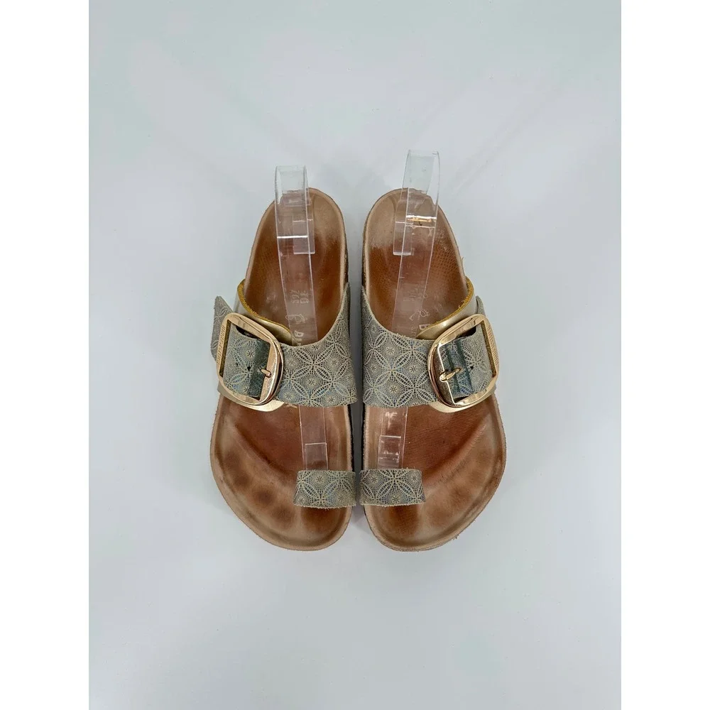 Birkenstock Miramar Hex Blue Big Buckle Sandals Gold Geometric Women's 38 RARE